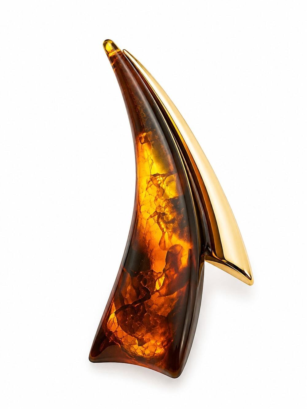Vintage Mid Century Modernist Faux Cognac Amber Horn Brooch Pin Gold Tone